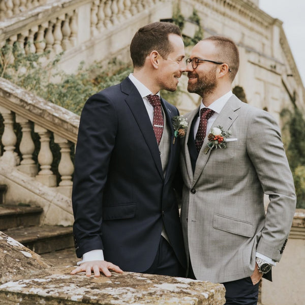 Gay wedding outfits - blue and grey wedding suits